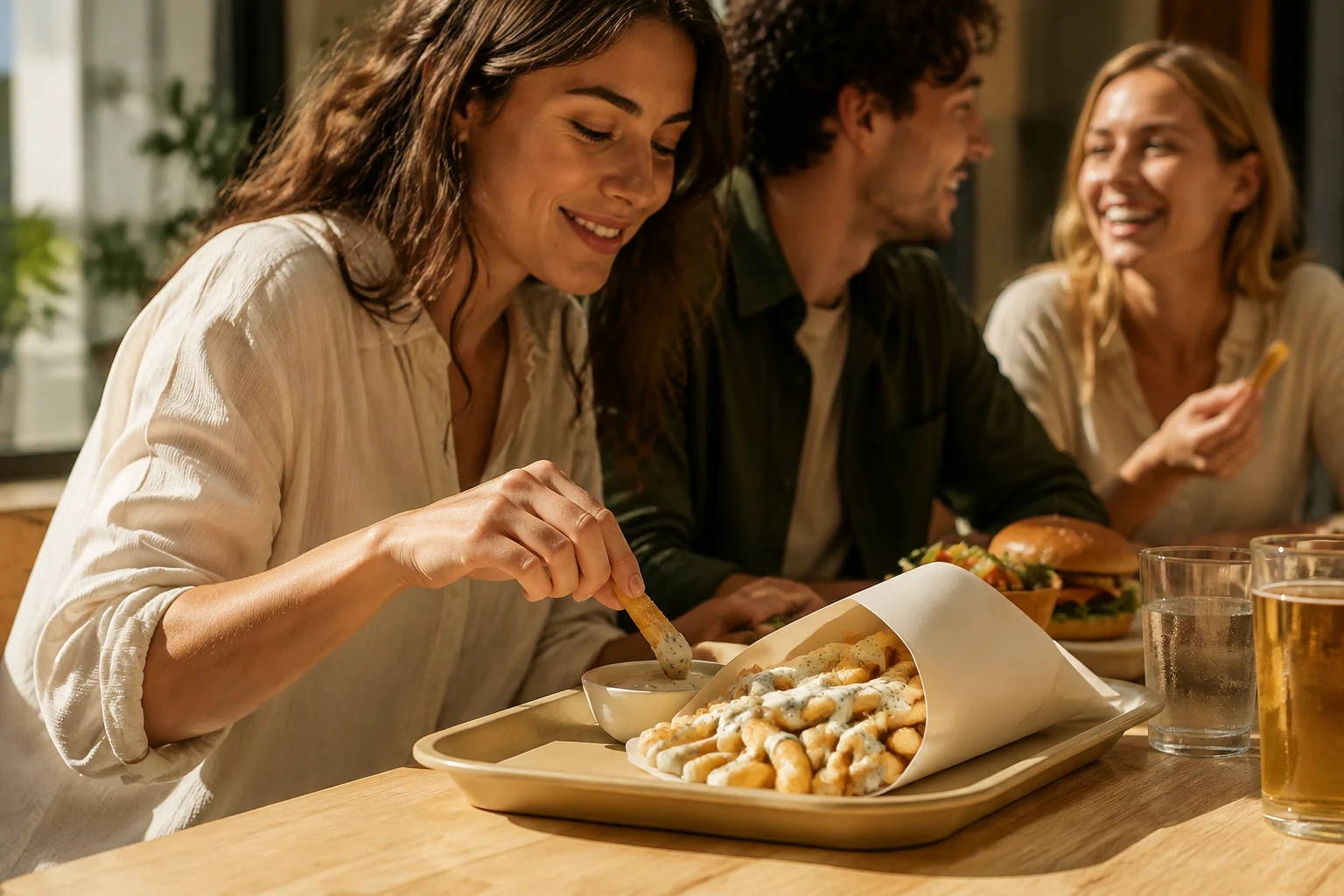 Amigos compartiendo papas y dip ranch en una mesa