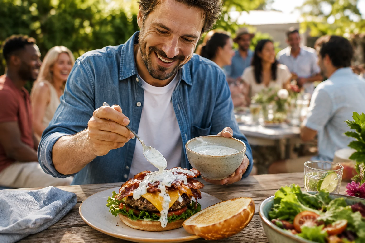Amigos en el patio, sirviendo ranch preparado sobre una hamburguesa
